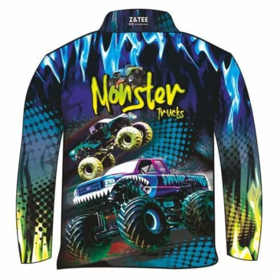 Kids | Monster Truck Blue Sun Shirt Z and TEE BOYS DESIGNS camping fishing LJM men MEN'S DESIGNS mens Preorder quick dry spo-default spo-disabled sun sun shirt sun shirts sunsafe uv