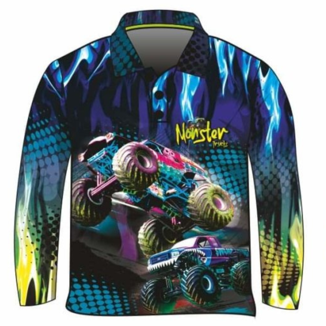 Kids | Monster Truck Blue Sun Shirt Z and TEE BOYS DESIGNS camping fishing LJM men MEN'S DESIGNS mens Preorder quick dry spo-default spo-disabled sun sun shirt sun shirts sunsafe uv