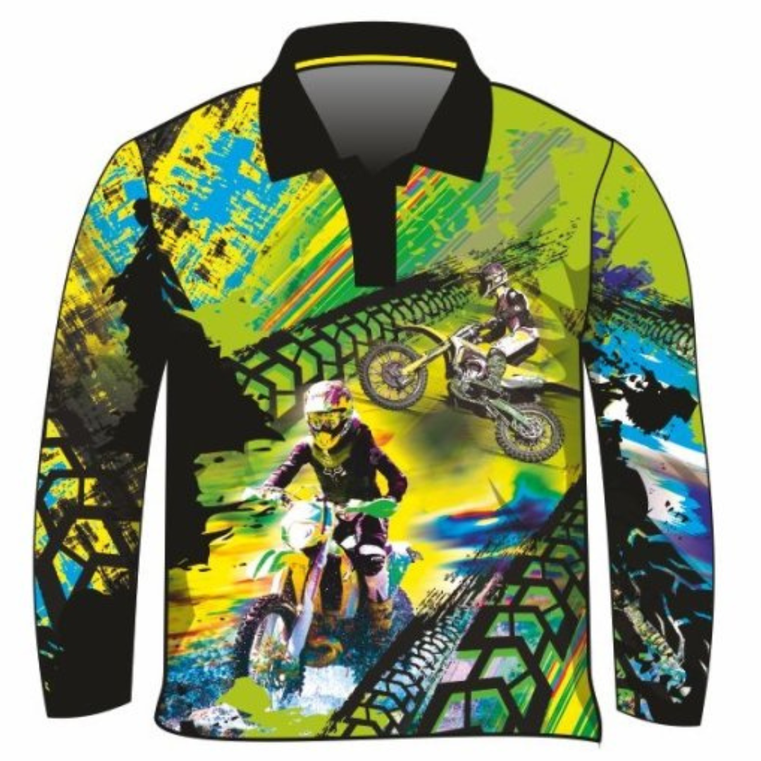Extreme | Motorbike Green Shirt Long or Short Sleeve Z and TEE BOYS DESIGNS camping fishing KIDS KIDS ALL kids design KIDS DESIGNS Kids UV rated shirt LJM men MEN'S DESIGNS mens MENS DESIGNS Preorder quick dry spo-default spo-disabled sun sun shirt sun shirts sunsafe uv xtreme