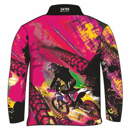 Motorbike Pink Shirt Long or Short Sleeve Z and TEE camping fishing GIRLS DESIGNS LJM Preorder quick dry spo-default spo-disabled sun sun shirt sun shirts sunsafe uv Women WOMEN'S DESIGNS Women's Fishing Women's Fishing Shirt womens xtreme