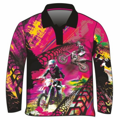 Motorbike Pink Shirt Long or Short Sleeve Z and TEE camping fishing GIRLS DESIGNS LJM Preorder quick dry spo-default spo-disabled sun sun shirt sun shirts sunsafe uv Women WOMEN'S DESIGNS Women's Fishing Women's Fishing Shirt womens xtreme