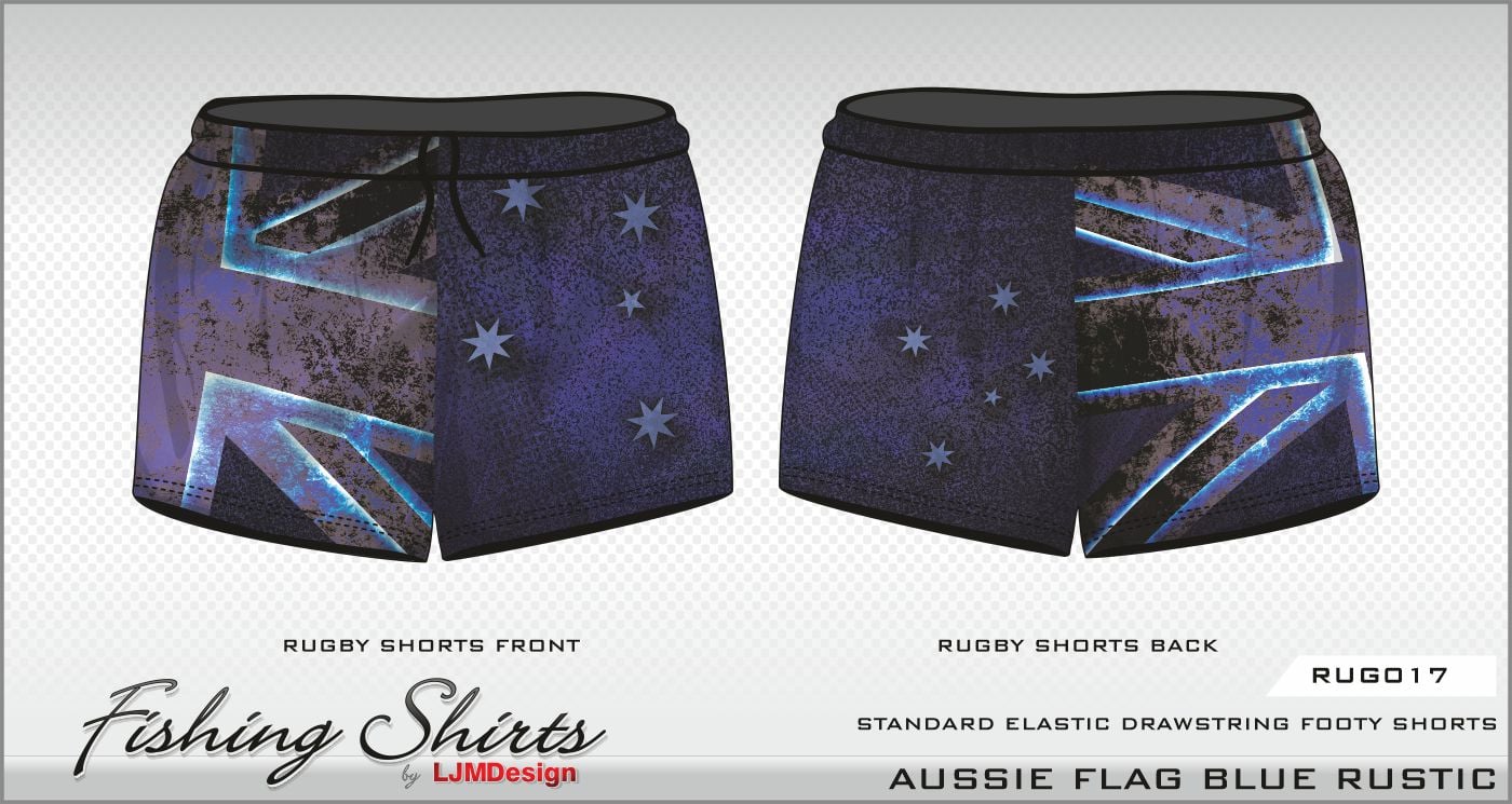 Rugby Shorts | Aussie Flag Blue Rustic Shorts LJM Designs Aussie AUSSIE FLAG Australia Australia Day Australian Australian Camping OG Australiana blue camping DAD FATHER'S DAY FISHING HIM ALL in stock LJM men MEN'S DESIGNS mens MENS DESIGNS quick dry spo-default spo-disabled sun sun shirt sun shirts sunsafe SWIMMING uv z&tee