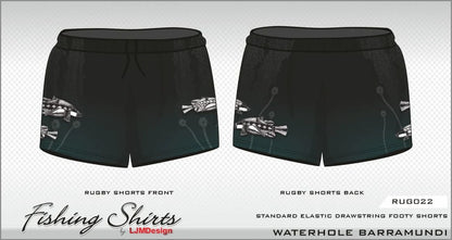 Rugby Shorts | Indigenous Waterhole Barramundi Black Shorts LJM Designs Aussie AUSSIE FLAG Australia Australia Day Australian Australian Camping OG Australiana blue camping DAD FATHER'S DAY FISH DESIGNS FISHING HIM ALL in stock LJM men MEN'S DESIGNS mens MENS DESIGNS quick dry spo-default spo-disabled sun sun shirt sun shirts sunsafe SWIMMING uv z&tee