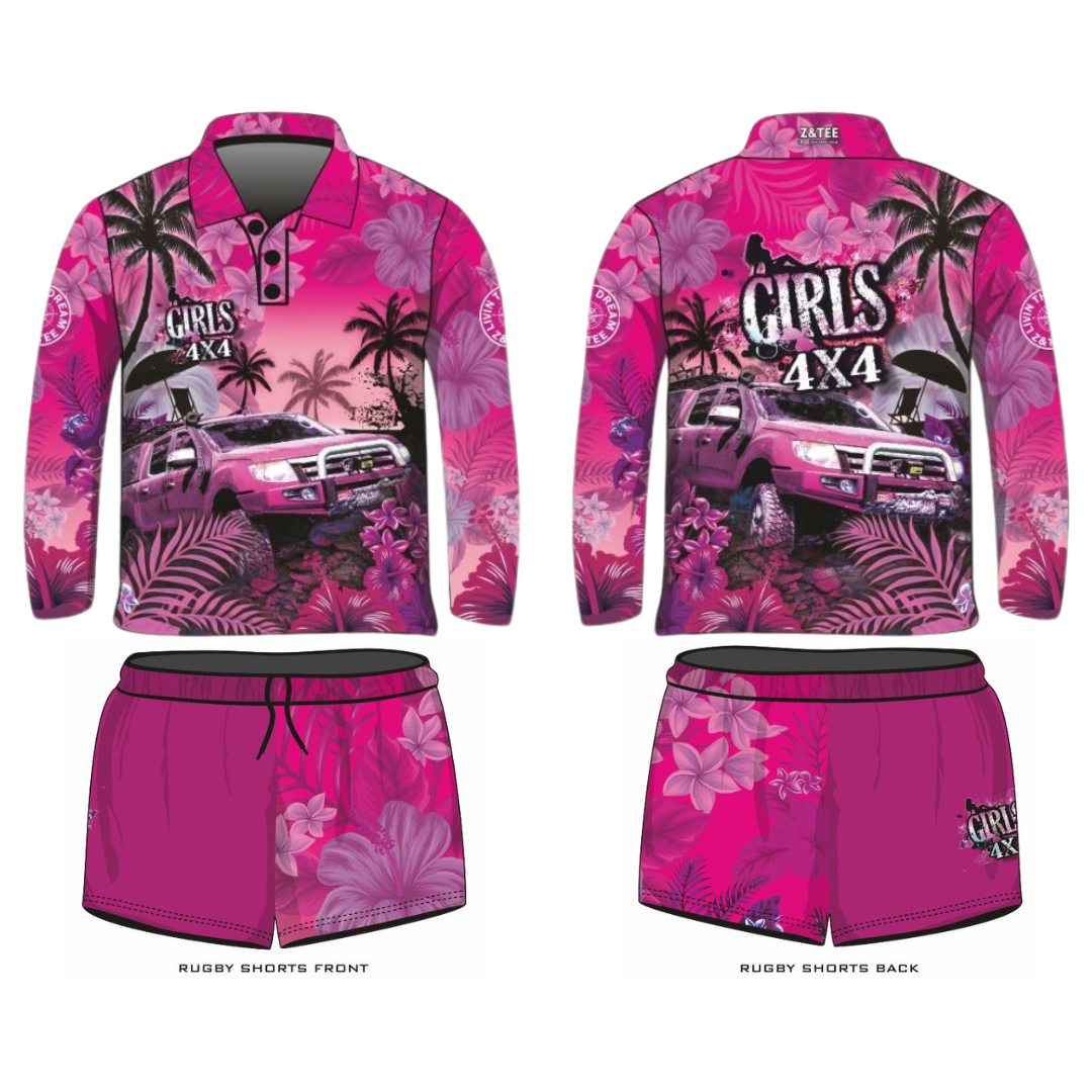 Rugby Shorts | Girls 4x4 Tropical Pink LJM Designs camping cape york CAPE YORK DESIGNS FISHING in stock LJM quick dry spo-default spo-disabled sun sun shirt sun shirts sunsafe SWIMMING TROPICAL DESIGNS uv Women WOMEN'S DESIGNS Women's Fishing womens z&tee