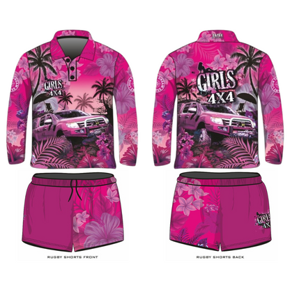 Rugby Shorts | Girls 4x4 Tropical Pink LJM Designs camping cape york CAPE YORK DESIGNS FISHING in stock LJM quick dry spo-default spo-disabled sun sun shirt sun shirts sunsafe SWIMMING TROPICAL DESIGNS uv Women WOMEN'S DESIGNS Women's Fishing womens z&tee