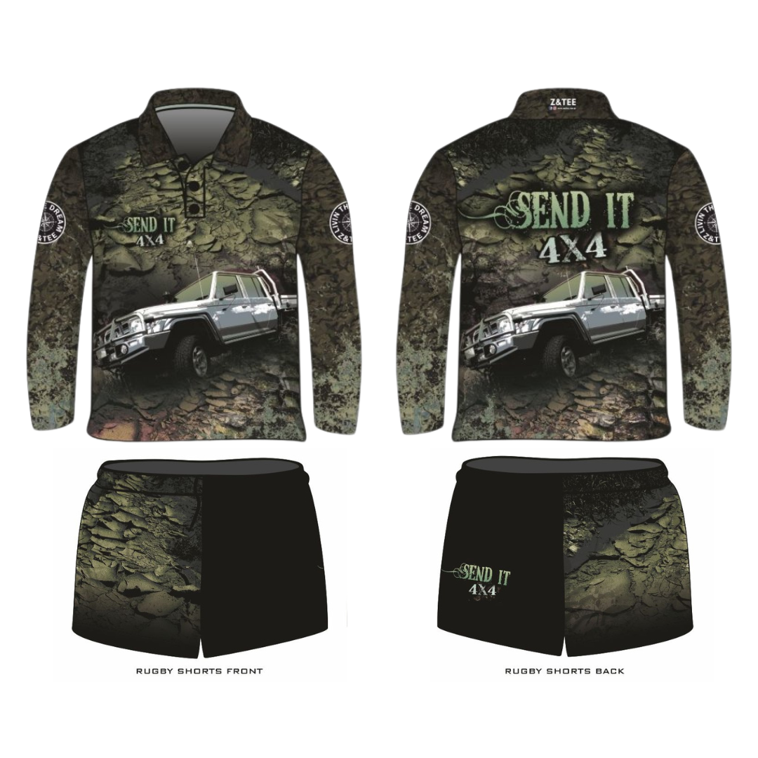 Rugby Shorts | Send It 4x4 Khaki LJM Designs 4wd 4x4 4X4 DESIGNS camping FISHING in stock LJM men MEN'S DESIGNS mens MENS DESIGNS quick dry spo-default spo-disabled sun sun shirt sun shirts sunsafe SWIMMING uv z&tee
