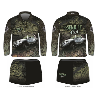 Rugby Shorts | Send It 4x4 Khaki LJM Designs 4wd 4x4 4X4 DESIGNS camping FISHING in stock LJM men MEN'S DESIGNS mens MENS DESIGNS quick dry spo-default spo-disabled sun sun shirt sun shirts sunsafe SWIMMING uv z&tee