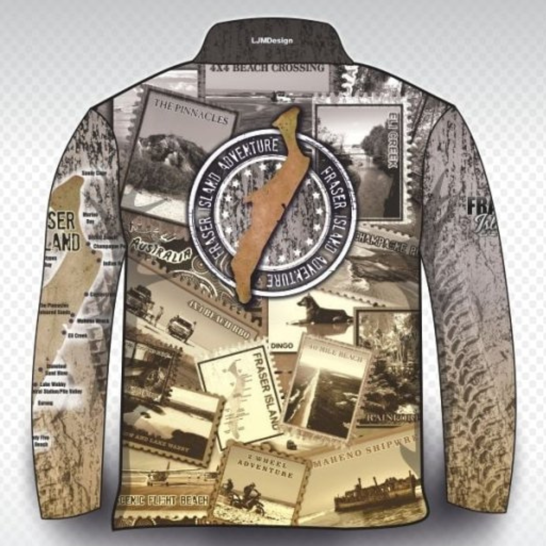Send it to Fraser Island (K'gari) Sepia Shirt Long or Short Sleeve Z and TEE 4x4 boy boys camping fishing FRASER ISLAND DESIGNS K'gari LJM men mens Preorder quick dry spo-default spo-disabled sun sun shirt sun shirts sunsafe travel uv