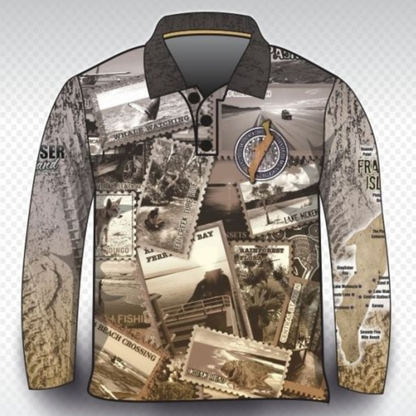 Send it to Fraser Island (K'gari) Sepia Shirt Long or Short Sleeve Z and TEE 4x4 boy boys camping fishing FRASER ISLAND DESIGNS K'gari LJM men mens Preorder quick dry spo-default spo-disabled sun sun shirt sun shirts sunsafe travel uv