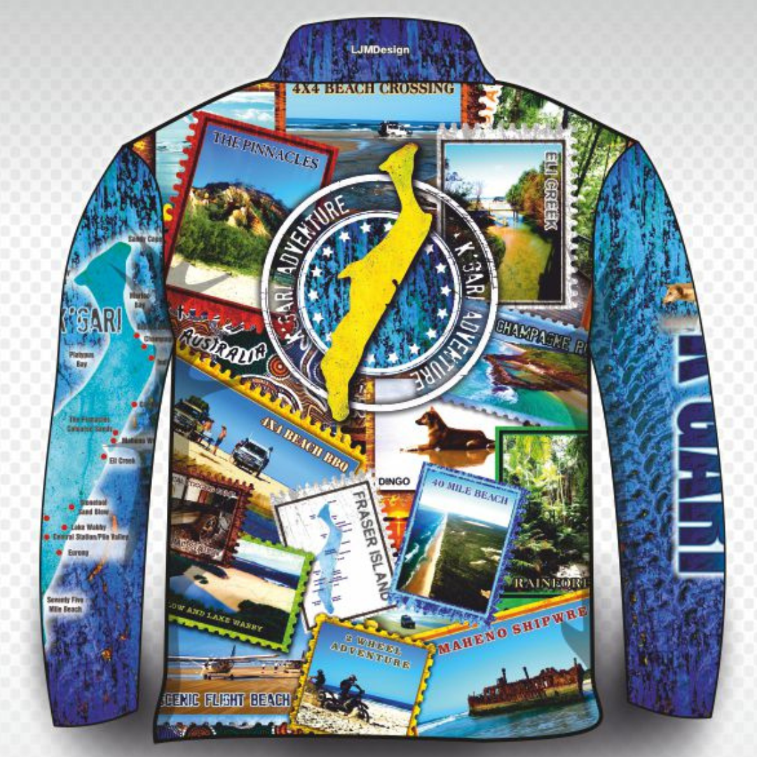 Send it to K'gari ( Fraser Island) Blue Shirt Long or Short Sleeve Z and TEE 4x4 boy boys camping fishing FRASER ISLAND DESIGNS K'gari LJM men mens Preorder quick dry spo-default spo-disabled sun sun shirt sun shirts sunsafe travel uv