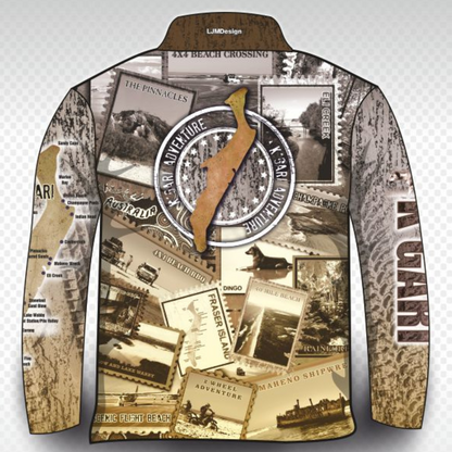 Send it to K'gari (Fraser Island) Sepia Shirt Long or Short Sleeve Z and TEE 4x4 boy boys camping fishing FRASER ISLAND DESIGNS K'gari LJM men mens Preorder quick dry spo-default spo-disabled sun sun shirt sun shirts sunsafe travel uv