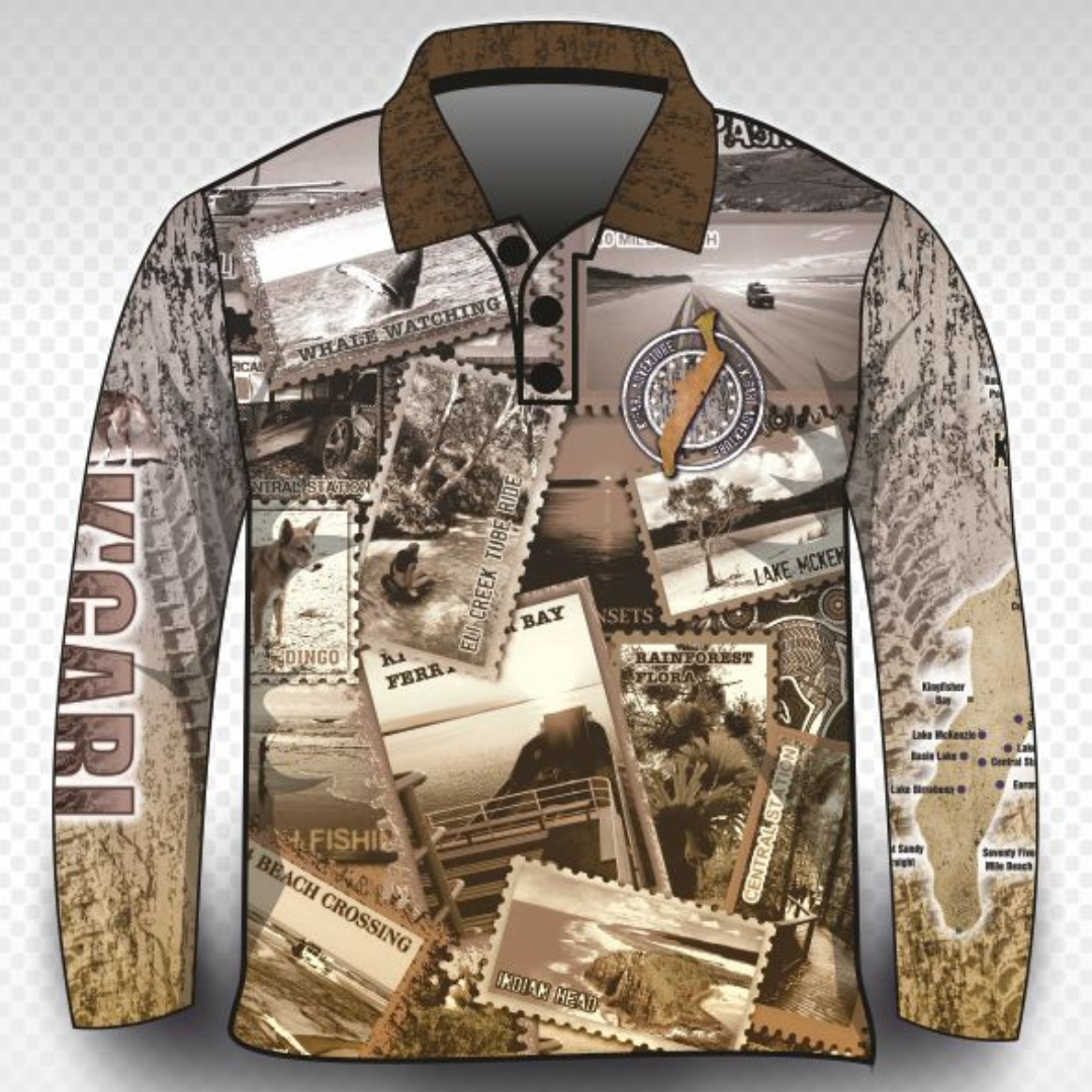 Send it to K'gari (Fraser Island) Sepia Shirt Long or Short Sleeve Z and TEE 4x4 boy boys camping fishing FRASER ISLAND DESIGNS K'gari LJM men mens Preorder quick dry spo-default spo-disabled sun sun shirt sun shirts sunsafe travel uv