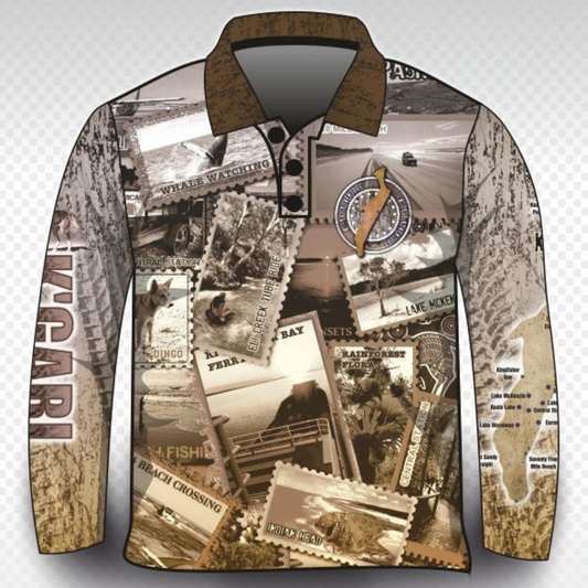 Send it to K'gari (Fraser Island) Sepia Shirt Long or Short Sleeve Z and TEE 4x4 boy boys camping fishing FRASER ISLAND DESIGNS K'gari LJM men mens Preorder quick dry spo-default spo-disabled sun sun shirt sun shirts sunsafe travel uv