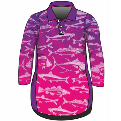 Fishing | Lucky Pattern Purple Pink Fishing Dress Long or Short Sleeve Z and TEE competition FISH FISH DESIGNS FISHING fishing dress MATCHING matching dress PATTERN AND PLAIN DESIGNS PERSONALISED POCKETS Preorder reef reef fish