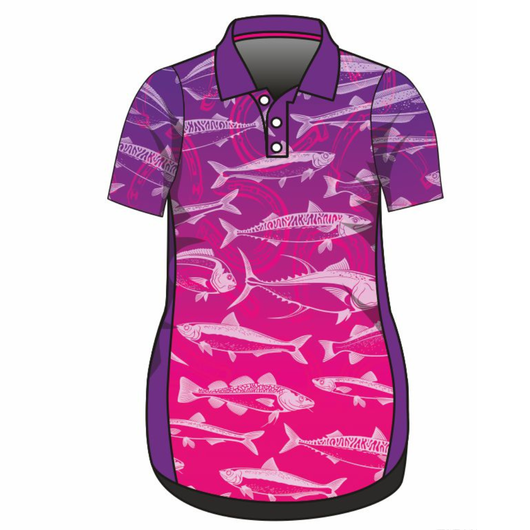 Fishing | Lucky Pattern Purple Pink Fishing Dress Long or Short Sleeve Z and TEE competition FISH FISH DESIGNS FISHING fishing dress MATCHING matching dress PATTERN AND PLAIN DESIGNS PERSONALISED POCKETS Preorder reef reef fish