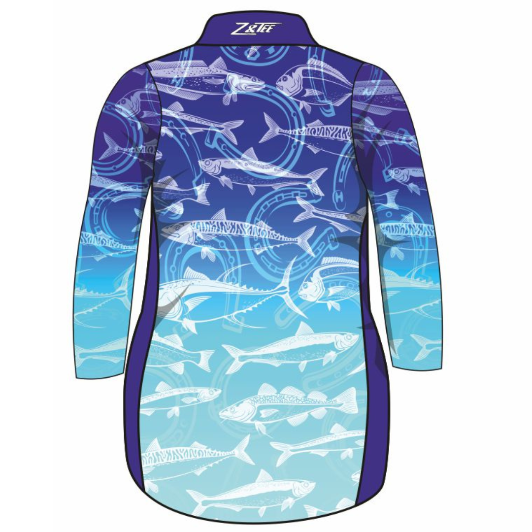 Fishing | Lucky Pattern Blue Fishing Dress Long or Short Sleeve Z and TEE competition FISH FISH DESIGNS FISHING fishing dress MATCHING matching dress PATTERN AND PLAIN DESIGNS PERSONALISED POCKETS Preorder reef reef fish