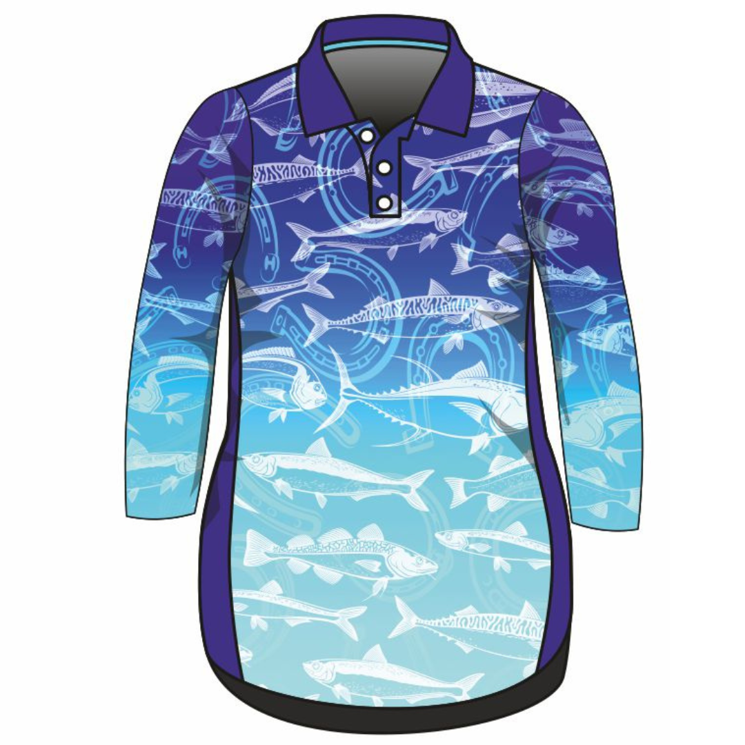 Fishing | Lucky Pattern Blue Fishing Dress Long or Short Sleeve Z and TEE competition FISH FISH DESIGNS FISHING fishing dress MATCHING matching dress PATTERN AND PLAIN DESIGNS PERSONALISED POCKETS Preorder reef reef fish