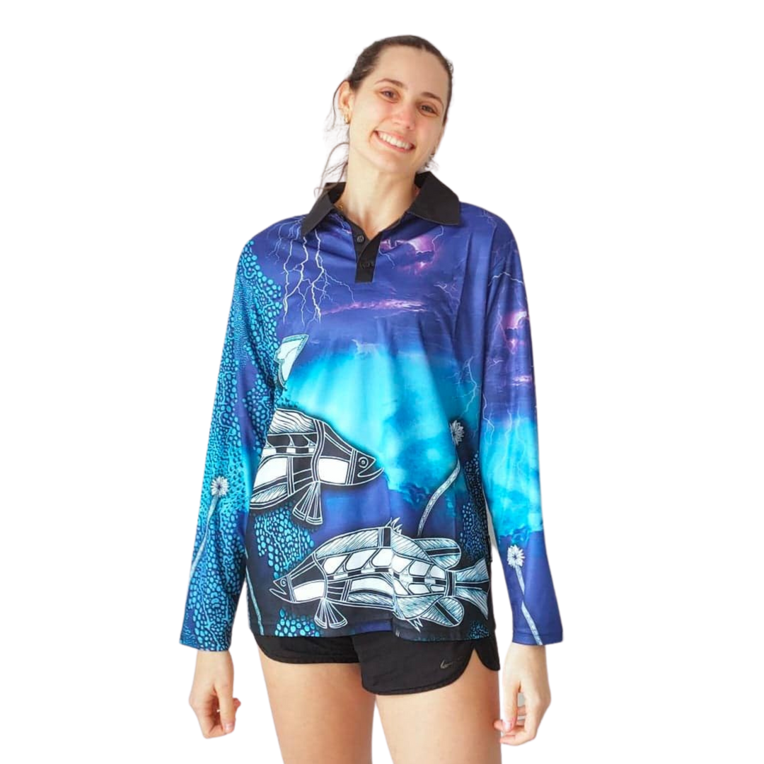 Indigenous Waterhole Barramundi Storm Shirt Z and TEE Australia Australia Day Australian camping FIRST NATIONS DESIGNS fishing LJM men mens Preorder quick dry spo-default spo-disabled sun sun shirt sun shirts sunsafe uv
