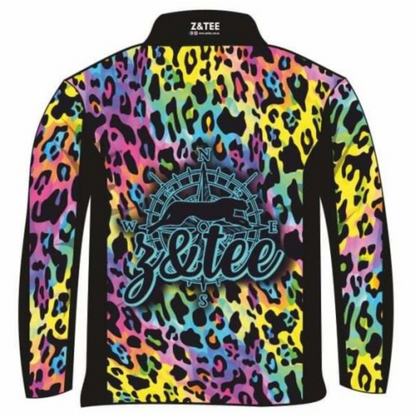 Leopard Print | Wild Side Electric Rainbow Leopard Shirt Long or Short Sleeve Z and TEE animal print bright camping colourful fishing GIRLS DESIGNS leopard leopard print LJM Preorder quick dry rainbow spo-default spo-disabled sun sun shirt sun shirts sunsafe uv Women WOMEN'S DESIGNS Women's Fishing Women's Fishing Shirt womens