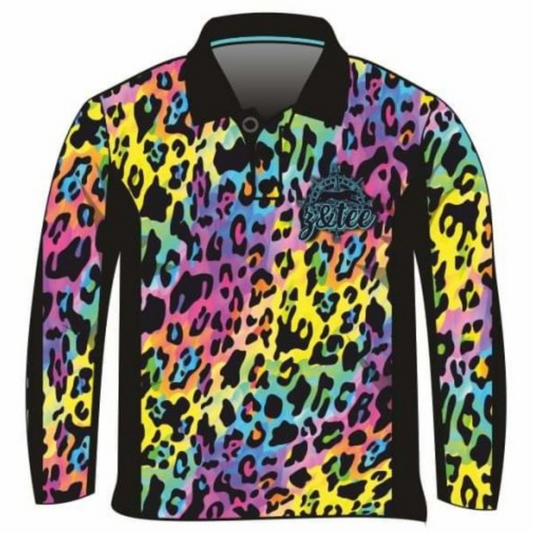 Leopard Print | Wild Side Electric Rainbow Leopard Shirt Long or Short Sleeve Z and TEE animal print bright camping colourful fishing GIRLS DESIGNS leopard leopard print LJM Preorder quick dry rainbow spo-default spo-disabled sun sun shirt sun shirts sunsafe uv Women WOMEN'S DESIGNS Women's Fishing Women's Fishing Shirt womens