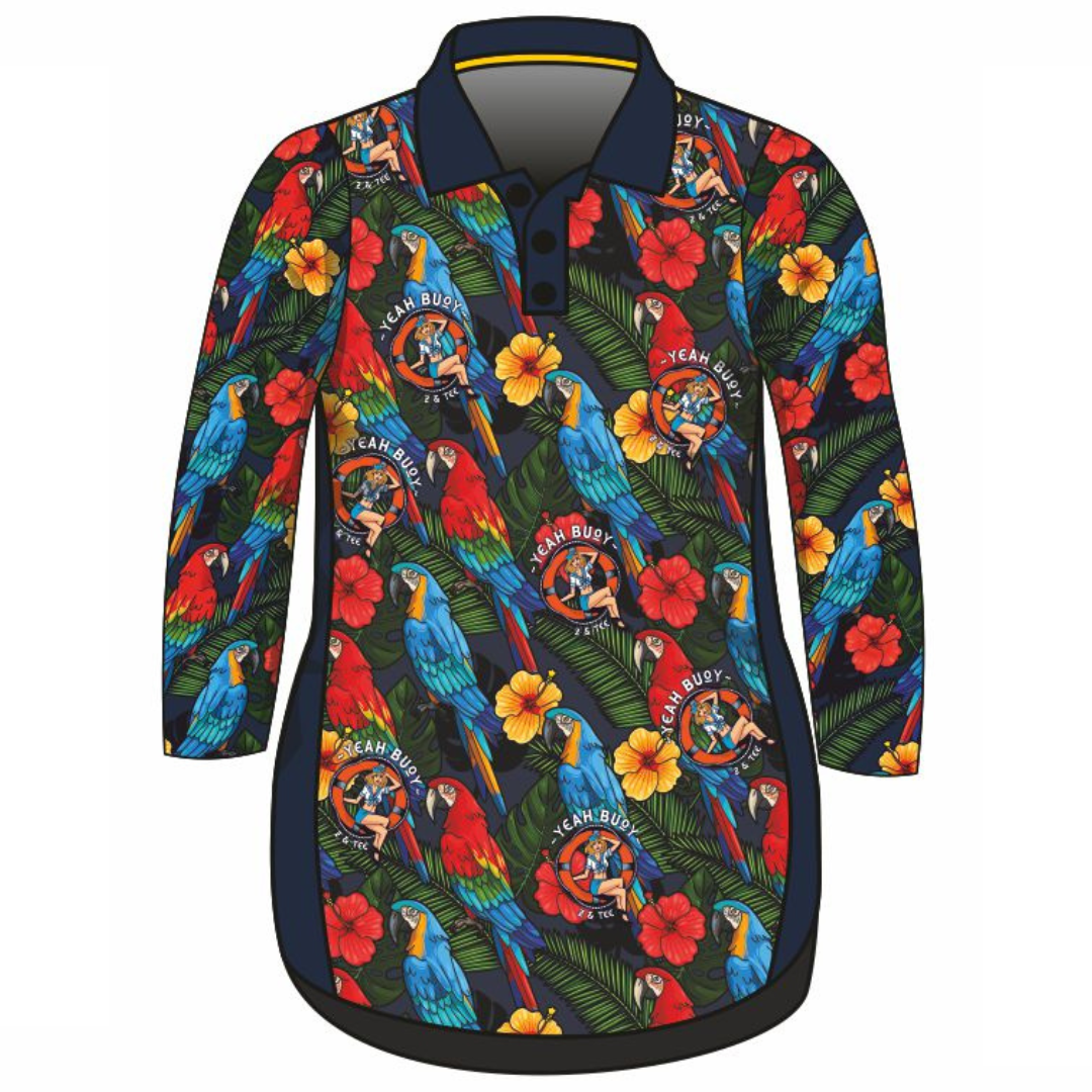 Yeah Buoy Tropical Parrot Navy Lifestyle Dress Long or Short Sleeve Z and TEE cruise Cruising girls MANDALA tropical TROPICAL DESIGNS WOMEN'S DESIGNS womens