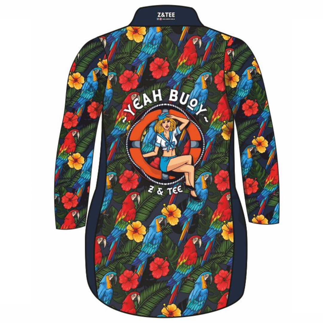 Yeah Buoy Tropical Parrot Navy Lifestyle Dress Long or Short Sleeve Z and TEE cruise Cruising girls MANDALA tropical TROPICAL DESIGNS WOMEN'S DESIGNS womens