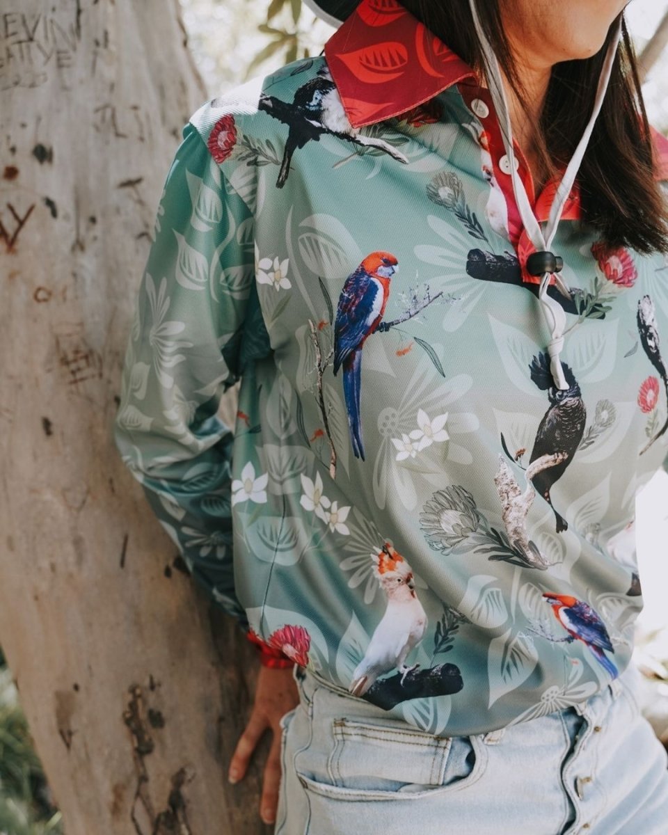 Australian | Birds Green Sun Long and Short Sleeve Shirt - Z&Tee Z and TEE Aussie Australia Australia Day Australian australian bird australian birds Australiana camping cockatoo fishing ladies Ladies Fishing Ladies Fishing Shirt LJM parrot Preorder quick dry spo-default spo-disabled sun sun shirt sun shirts sunsafe uv Women WOMEN'S DESIGNS Women's Fishing Women's Fishing Shirt womens