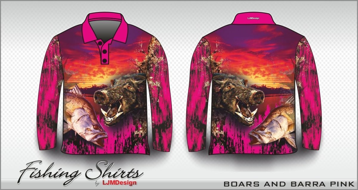 Hunting | Boars and Barra Pink Shirt Long or Short Sleeve Z and TEE barramundi FISH DESIGNS fishing girl girls hog hogs hunting HUNTING DESIGNS ladies LJM pig pig hunting Preorder quick dry spo-default spo-disabled sun sun shirt sun shirts sunsafe uv women womens