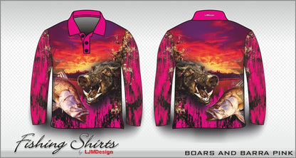 Hunting | Boars and Barra Pink Shirt Long or Short Sleeve Z and TEE barramundi FISH DESIGNS fishing girl girls hog hogs hunting HUNTING DESIGNS ladies LJM pig pig hunting Preorder quick dry spo-default spo-disabled sun sun shirt sun shirts sunsafe uv women womens