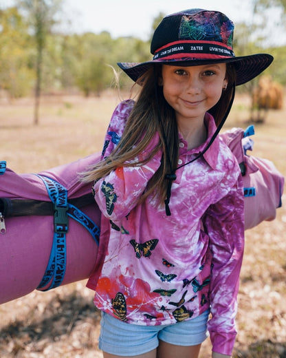 Kids | Butterfly Pink Tie Dye Sun Shirt Z and TEE camping fishing GIRLS DESIGNS LJM men mens Preorder quick dry spo-default spo-disabled sun sun shirt sun shirts sunsafe uv