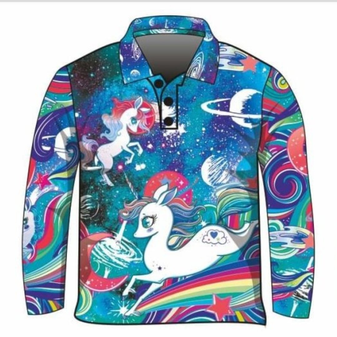 Kids | Cosmic Unicorn Milky Way Blue Shirt Z and TEE camping fishing Girls GIRLS DESIGNS KIDS KIDS ALL kids design KIDS DESIGNS Kids UV rated shirt LJM Preorder quick dry spo-default spo-disabled sun sun shirt sun shirts sunsafe uv