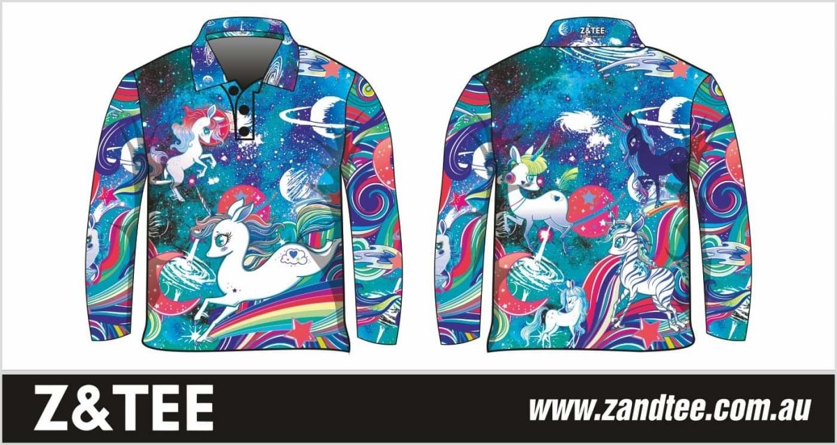 Kids | Cosmic Unicorn Milky Way Blue Shirt Z and TEE camping fishing Girls GIRLS DESIGNS KIDS KIDS ALL kids design KIDS DESIGNS Kids UV rated shirt LJM Preorder quick dry spo-default spo-disabled sun sun shirt sun shirts sunsafe uv
