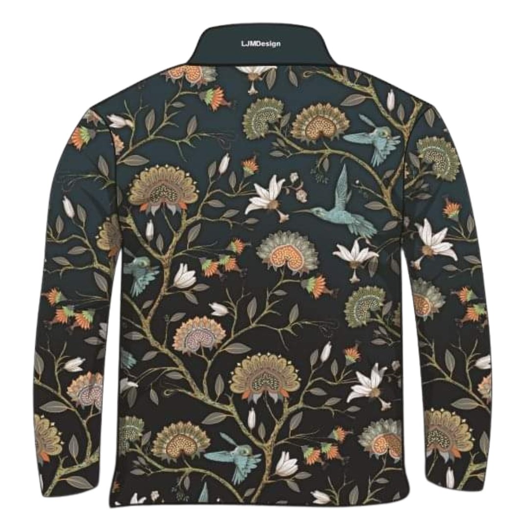 Pattern | Hummingbird Floral Black Shirt Z and TEE Australia Australia Day Australian camping fishing LJM men mens PATTERN AND PLAIN DESIGNS Preorder quick dry spo-default spo-disabled sun sun shirt sun shirts sunsafe uv WOMEN'S DESIGNS