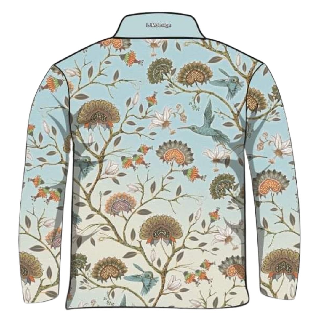 Pattern | Hummingbird Floral Blue Shirt Long or Short Sleeve Z and TEE bird BIRDS camping fishing LJM PATTERN AND PLAIN DESIGNS Preorder quick dry spo-default spo-disabled sun sun shirt sun shirts sunsafe uv WOMEN'S DESIGNS