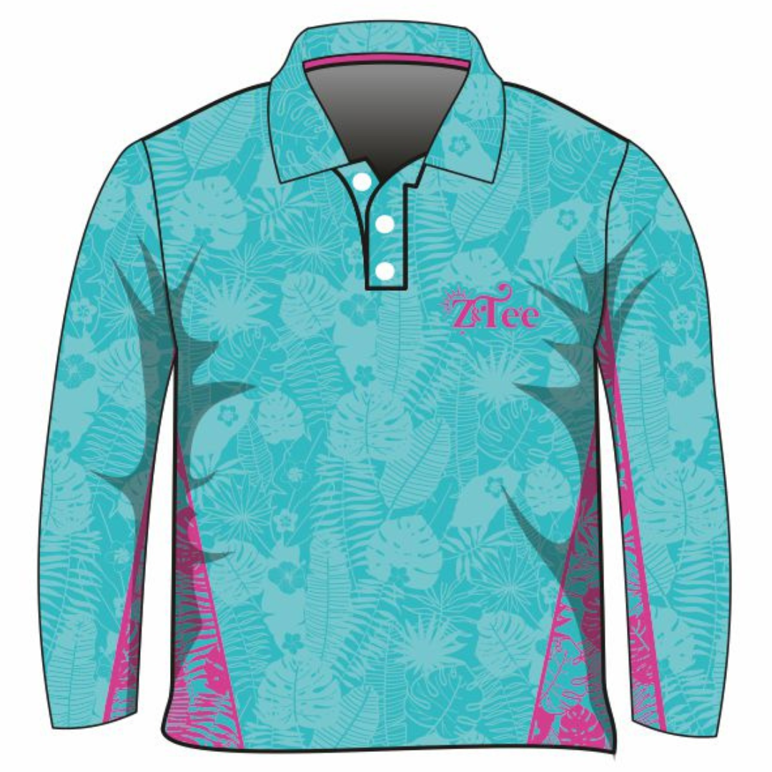 Pattern | Follow the Sun Tropical Turquoise Shirt Long or Short Sleeve Z and TEE camping cruise fishing Girls GIRLS DESIGNS LJM PATTERN AND PLAIN DESIGNS Preorder quick dry spo-default spo-disabled sun sun shirt sun shirts sunsafe tropical TROPICAL DESIGNS uv Women Women's Fishing Women's Fishing Shirt womens
