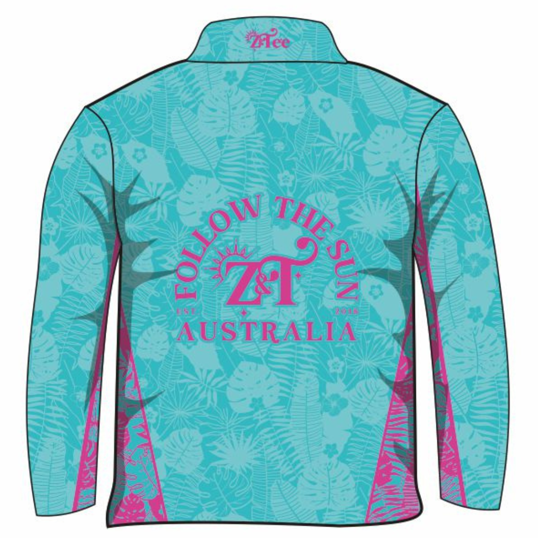 Pattern | Follow the Sun Tropical Turquoise Shirt Long or Short Sleeve Z and TEE camping cruise fishing Girls GIRLS DESIGNS LJM PATTERN AND PLAIN DESIGNS Preorder quick dry spo-default spo-disabled sun sun shirt sun shirts sunsafe tropical TROPICAL DESIGNS uv Women Women's Fishing Women's Fishing Shirt womens