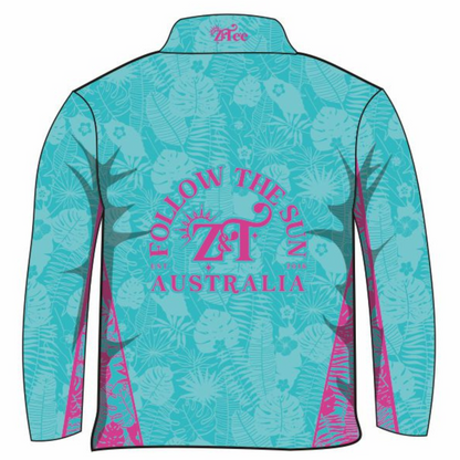 Pattern | Follow the Sun Tropical Turquoise Shirt Long or Short Sleeve Z and TEE camping cruise fishing Girls GIRLS DESIGNS LJM PATTERN AND PLAIN DESIGNS Preorder quick dry spo-default spo-disabled sun sun shirt sun shirts sunsafe tropical TROPICAL DESIGNS uv Women Women's Fishing Women's Fishing Shirt womens