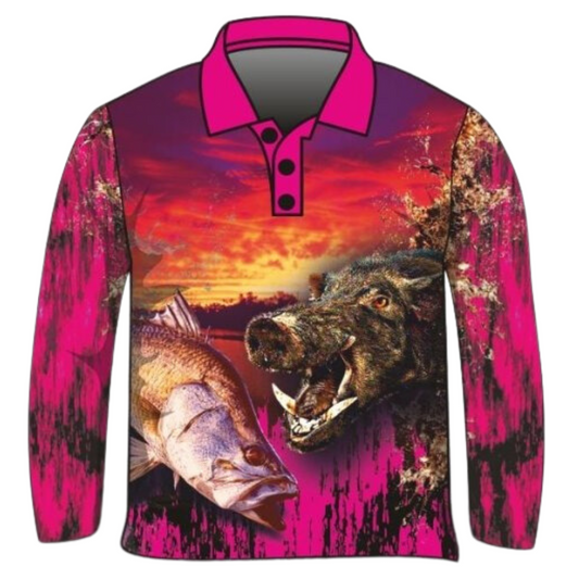 Hunting | Boars and Barra Pink Shirt Long or Short Sleeve Z and TEE barramundi FISH DESIGNS fishing girl girls hog hogs hunting HUNTING DESIGNS ladies LJM pig pig hunting Preorder quick dry spo-default spo-disabled sun sun shirt sun shirts sunsafe uv women womens