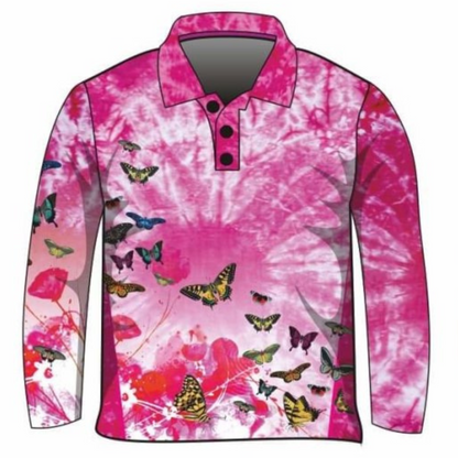 Kids | Butterfly Pink Tie Dye Sun Shirt Z and TEE camping fishing GIRLS DESIGNS LJM men mens Preorder quick dry spo-default spo-disabled sun sun shirt sun shirts sunsafe uv