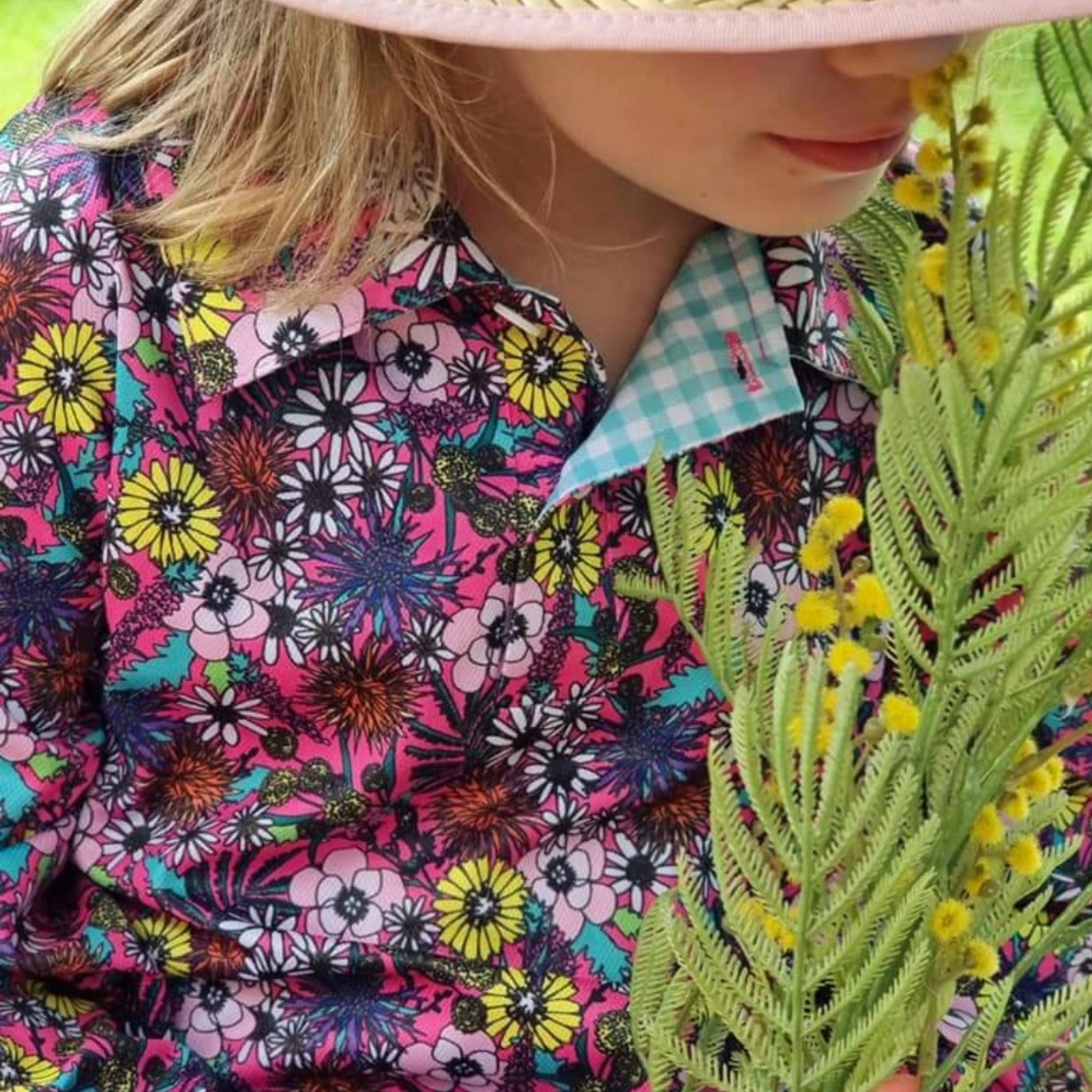 Western | Vintage Wildflower Fuchsia and Gingham Teal Shirt Z and TEE camping COUNTRY WESTERN DESIGNS cowgirl fishing Floral flower Flowers Girls GIRLS DESIGNS LJM PATTERN AND PLAIN DESIGNS Preorder quick dry spo-default spo-disabled sun sun shirt sun shirts sunsafe uv western Women WOMEN'S DESIGNS womens