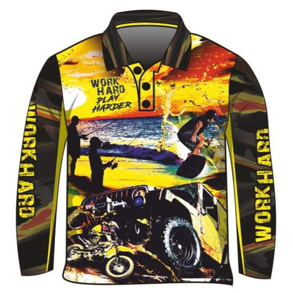 Extreme | Work Hard Play Harder Yellow Shirt Z and TEE boy boys BOYS DESIGNS camping fishing LJM men MEN'S DESIGNS mens Preorder quick dry spo-default spo-disabled sun sun shirt sun shirts sunsafe uv xtreme