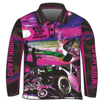 Extreme - Work Hard Play Harder Pink Purple Fishing Shirt Z and TEE camping fishing GIRLS DESIGNS LJM Preorder quick dry spo-default spo-disabled sun sun shirt sun shirts sunsafe uv Women womens xtreme