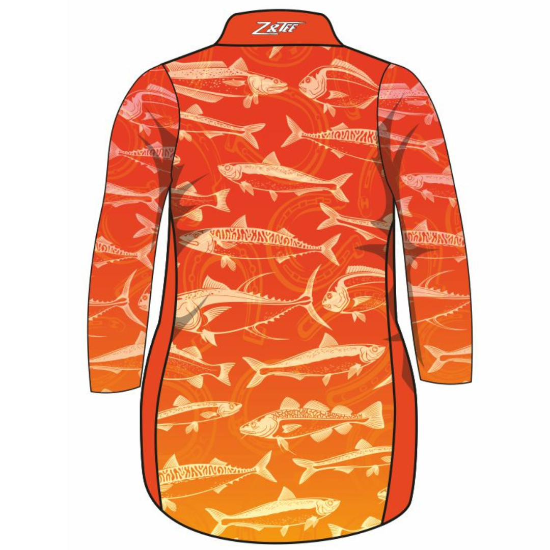 Fishing | Lucky Pattern Orange Fishing Dress Long or Short Sleeve Z and TEE competition FISH FISH DESIGNS FISHING fishing dress MATCHING matching dress PATTERN AND PLAIN DESIGNS PERSONALISED POCKETS Preorder reef reef fish