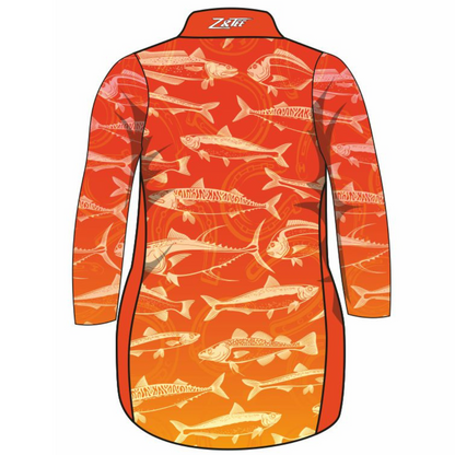Fishing | Lucky Pattern Orange Fishing Dress Long or Short Sleeve Z and TEE competition FISH FISH DESIGNS FISHING fishing dress MATCHING matching dress PATTERN AND PLAIN DESIGNS PERSONALISED POCKETS Preorder reef reef fish