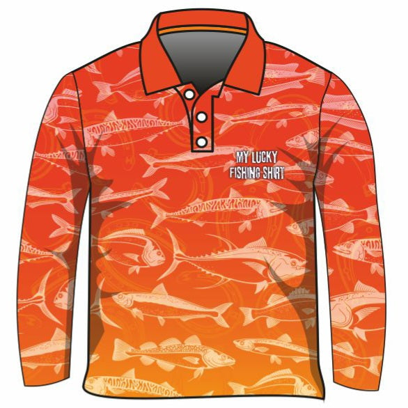 Fishing | Lucky Fishing Orange Shirt Long or Short Sleeve Z and TEE Aussie Australia Australia Day Australian Australiana camping cruise Cruising fishing shirt girls KIDS KIDS ALL kids design KIDS DESIGNS Kids UV rated shirt koala LJM PATTERN AND PLAIN DESIGNS Preorder quick dry spo-default spo-disabled sun sun shirt sun shirts sunsafe swim shirt tropical TROPICAL DESIGNS uv