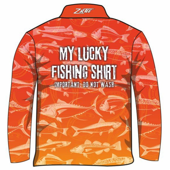 Fishing | Lucky Fishing Orange Shirt Long or Short Sleeve Z and TEE Aussie Australia Australia Day Australian Australiana camping cruise Cruising fishing shirt girls KIDS KIDS ALL kids design KIDS DESIGNS Kids UV rated shirt koala LJM PATTERN AND PLAIN DESIGNS Preorder quick dry spo-default spo-disabled sun sun shirt sun shirts sunsafe swim shirt tropical TROPICAL DESIGNS uv