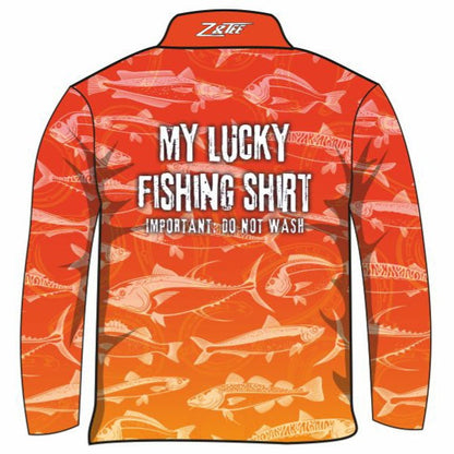 Fishing | Lucky Fishing Orange Shirt Long or Short Sleeve Z and TEE Aussie Australia Australia Day Australian Australiana camping cruise Cruising fishing shirt girls KIDS KIDS ALL kids design KIDS DESIGNS Kids UV rated shirt koala LJM PATTERN AND PLAIN DESIGNS Preorder quick dry spo-default spo-disabled sun sun shirt sun shirts sunsafe swim shirt tropical TROPICAL DESIGNS uv