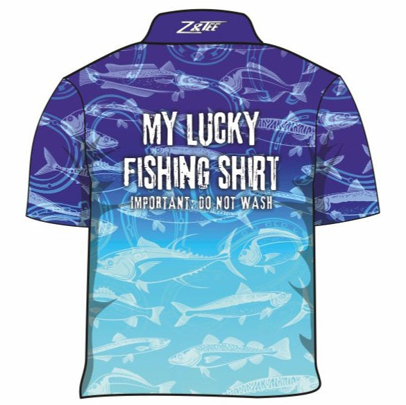 Fishing | Lucky Fishing Blue Shirt Long or Short Sleeve Z and TEE Aussie Australia Australia Day Australian Australiana camping cruise Cruising fishing shirt girls KIDS KIDS ALL kids design KIDS DESIGNS Kids UV rated shirt koala LJM PATTERN AND PLAIN DESIGNS Preorder quick dry spo-default spo-disabled sun sun shirt sun shirts sunsafe swim shirt tropical TROPICAL DESIGNS uv