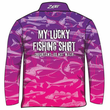 Fishing | Lucky Fishing Purple Pink Shirt Long or Short Sleeve Z and TEE Aussie Australia Australia Day Australian Australiana camping cruise Cruising fishing shirt girls KIDS KIDS ALL kids design KIDS DESIGNS Kids UV rated shirt koala LJM PATTERN AND PLAIN DESIGNS Preorder quick dry spo-default spo-disabled sun sun shirt sun shirts sunsafe swim shirt tropical TROPICAL DESIGNS uv