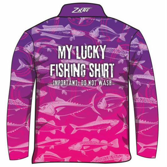 Fishing | Lucky Fishing Purple Pink Shirt Long or Short Sleeve Z and TEE Aussie Australia Australia Day Australian Australiana camping cruise Cruising fishing shirt girls KIDS KIDS ALL kids design KIDS DESIGNS Kids UV rated shirt koala LJM PATTERN AND PLAIN DESIGNS Preorder quick dry spo-default spo-disabled sun sun shirt sun shirts sunsafe swim shirt tropical TROPICAL DESIGNS uv